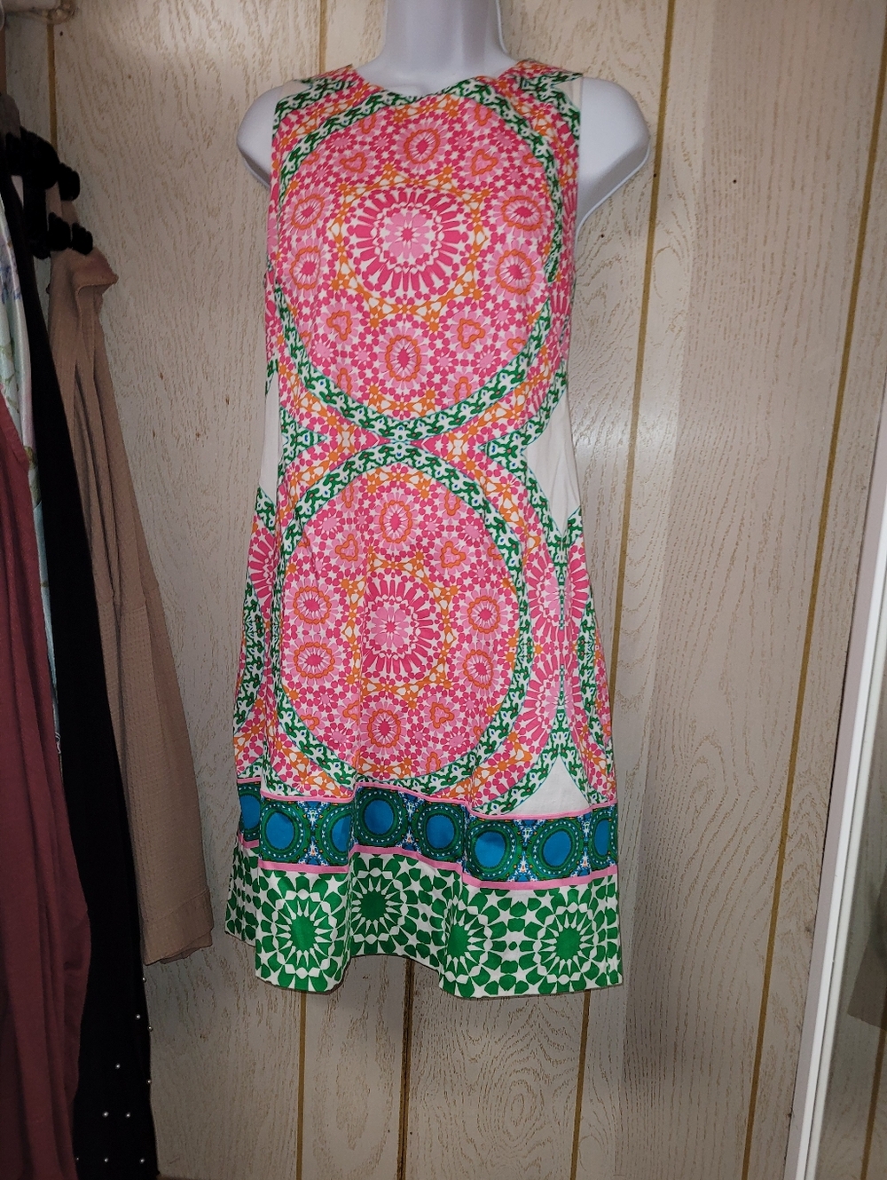 London Times Pink Lined Floral Dress with Orange, Green and Blue Accents